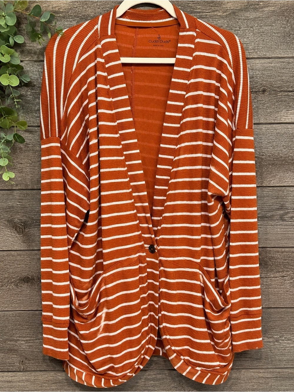 Cuddl Duds 2X Burnt Orange White Striped Waffle Knit Cardigan Pockets NWOT